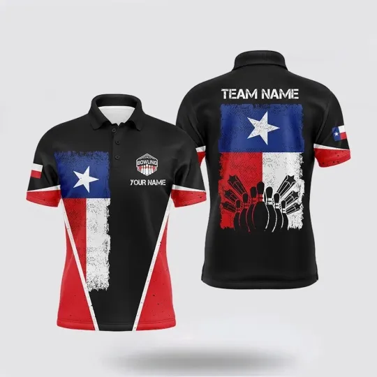Discover Custom Name Texas Flag Vintage Black Bowling Team Polo Bowling Shirts Uniform