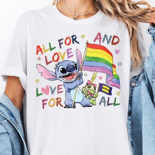 Discover Disneyyy Stitchh All For Love and Love For All Pride Flag Shirt, Disneyyy LGBT Pride T-Shirt