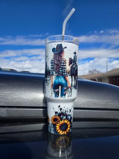 Discover Country Western 40oz tumbler -Stainless Steel W/Handle (Horse Theme Gift)