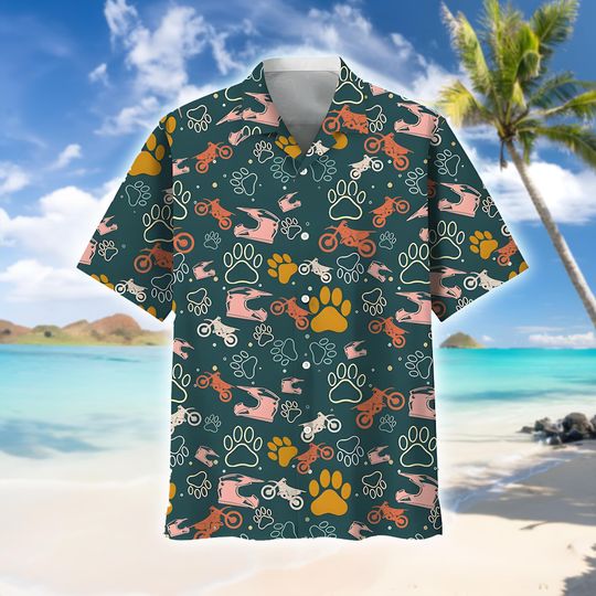 Discover Dog Paw & Motorbike Hawaiian Shirt, Funny Pet Biker Beach Shirt for Men