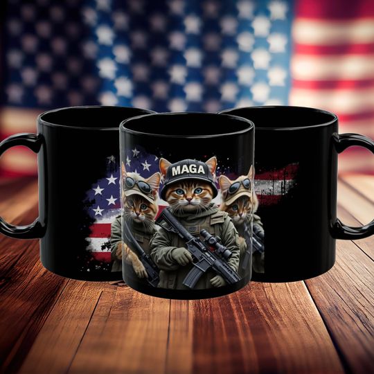 Discover Mug, Trump MAGA Military Cats, USA, Patriotic, Patriotic Mug, Trump Supporter Gift, Political Mug, Military Cat Mug, USA Pride Mug
