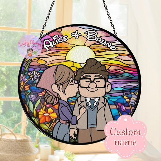 Discover Personalized Stained Glass Disneyyy Couple Romantic Sunset Window Suncatcher