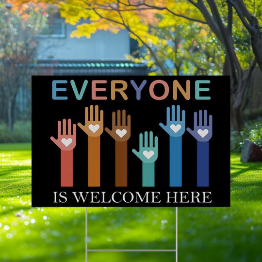Discover Everyone is welcome here yard sign, inclusion and equality flag, protest and resist Yard