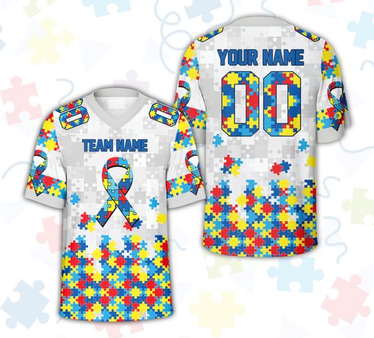 Discover Personalized Autism Awareness Month Football Team Jersey, Custom Name Puzzle Autism Football Jersey, Autism Support Gift