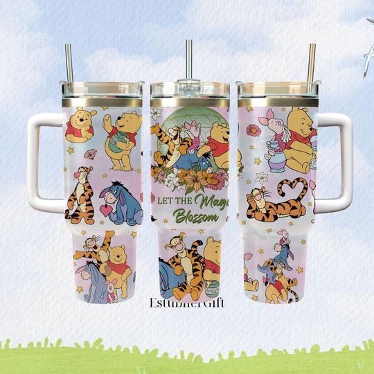 Discover Let the Magic Blossom Pooh Tumbler, Pooh Tumbler 40oz, 40oz Travel Mug with Friends, Spring Floral Disneyyy Gift, Cute Pastel Cup