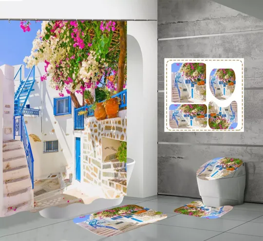 Discover White Marble Steps Shower Curtain Toilet Lid Cover Bath Mat Rug