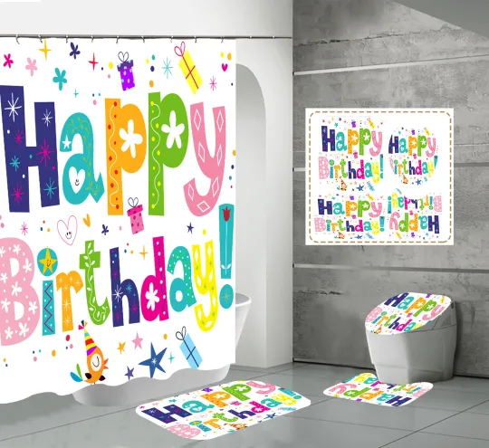 Discover Happy Birthday  Shower Curtain Toilet Lid Cover Bath Mat Rug