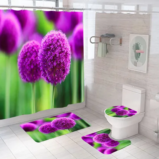 Discover 3D Purple Scallion Flower Shower Curtain Toilet Lid Cover Bath Rug Set