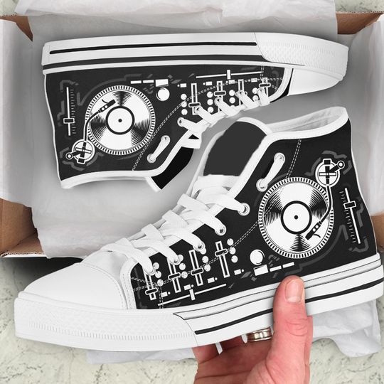 Discover Men DJ Shoes Edm Rave Sneakers Turntable High-tops Vinyl Record Turntablist Gift Music Hiphop Junglist Drum Bass Techno House Riddim Dubstep
