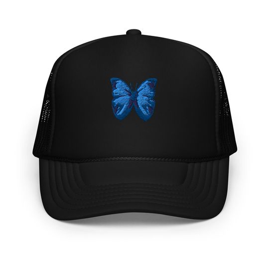 Discover Blue Butterfly Embroidered Trucker Hat - Custom Foam Cap, Festival Hat, Stylish Summer Accessory, Adjustable Mesh Back