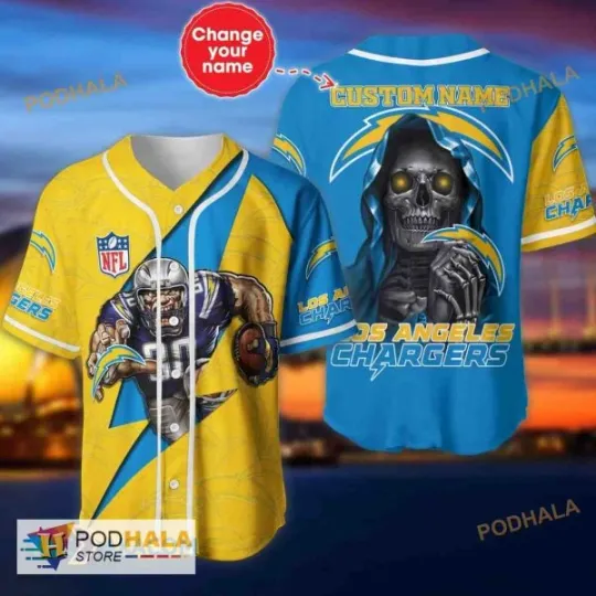 Discover Los Angeless Football Team Chargerss Skull Pattern Name 3D Baseball Jersey Shirt