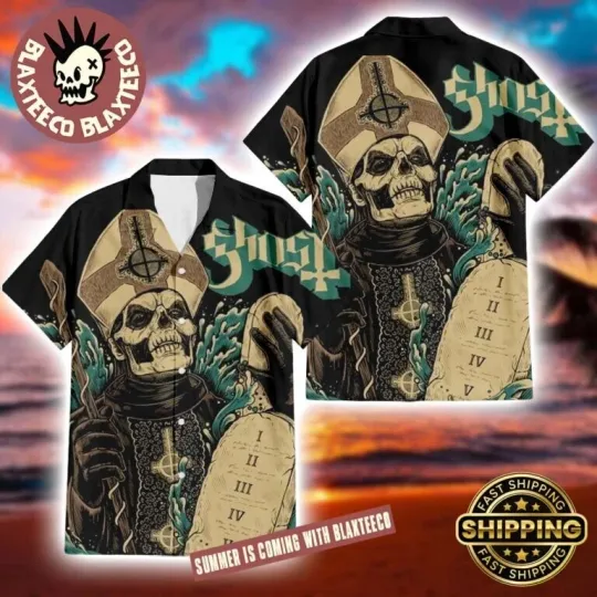 Discover Ghost Band Commandments Album Cover Ghost Papa Summer 2025 Hawaiian Shirt