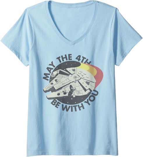 Discover Womens Starr Warss Millennium Falcon Retro May The 4th Be With You V-Neck T-Shirt