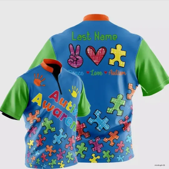 Discover Autism Awareness Peace Love Autism Puzzle Supporter Bowling Jersey