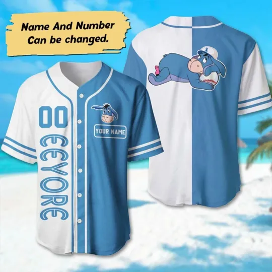Discover Personalized Eeyoree Donkey1 winniee the poohh Blue Pattern Baseball Jersey