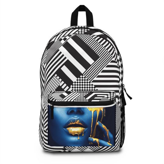 Discover Gold Lips Woman Geometric Backpack. Black and White Backpack