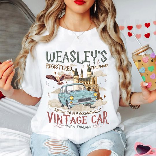 Discover 90s Wizard Flying Car Graphic Shirt, Vintage Flying Car T-Shirt, Bookish Wizard Magical Adventure