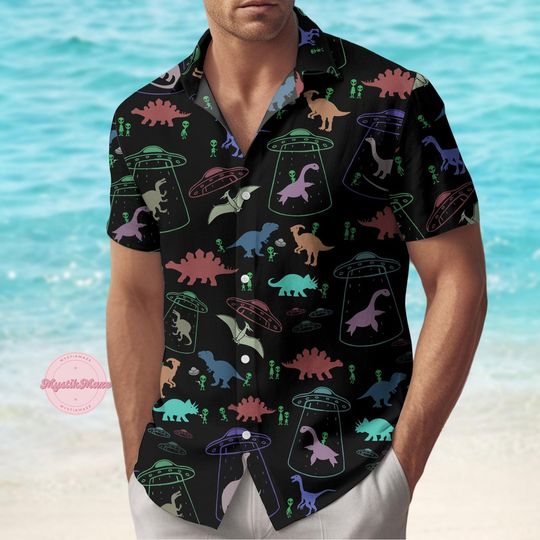Discover Alien And Dinosaur Button Up Shirt, Dino Hawaiian Shirt, Tropical Short Sleeve Shirt