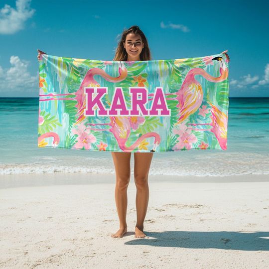 Discover Custom Name Lilly Inspired Flamingo Beach Towel, Personalized Vibrant Tropical Beach