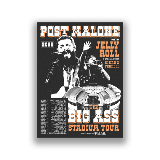 Discover Post Malone The Bis Ass Stadium Tour 2025 With Jelly Roll &Sierra Ferrell Poster