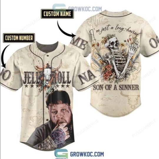 Discover Im Just A Long Haired Son Of A Sinner Personalized Jelly Roll Brown Design Baseball Jersey