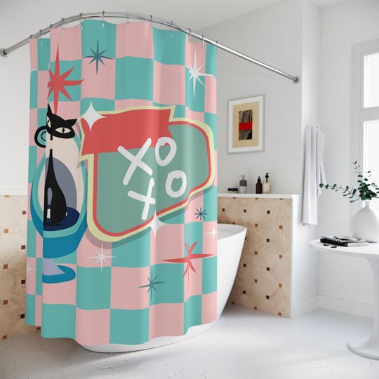 Discover Retro Atomic Cat Shower Curtain, Vintage Style Bathroom Decor
