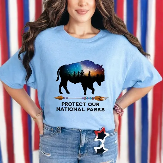 Discover Save Our National Parks Vintage Bison Forest Starscape T-Shirt