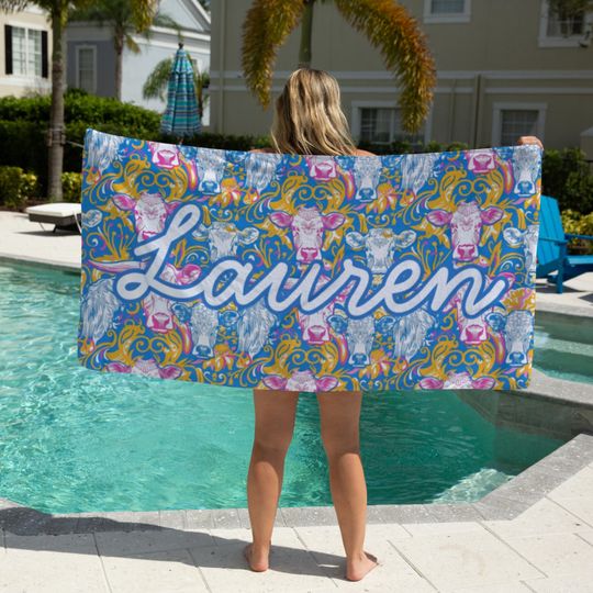 Discover Preppy Western Beach Towel with Name, Summer Birthday Gift