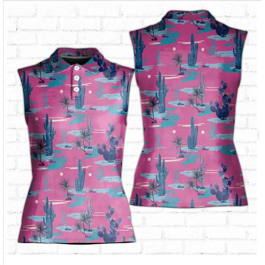 Discover Pink Desert Cactus Golf Polo Shirt, Custom Name Golfer Women Sleeveless Polo