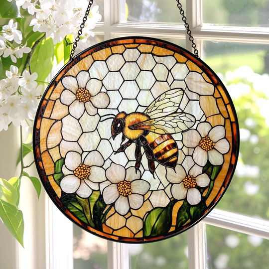 Discover Bee Wildflowers Glass Suncatcher, Honey Bee Suncatcher, Honeybee Gift for Garden Lovers