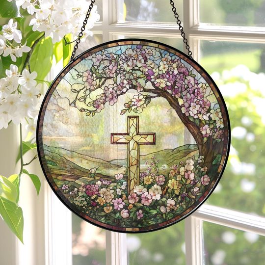 Discover Cross And Wild Flower STAINED SUNCATCHER, Christian Cross Windows Hanging