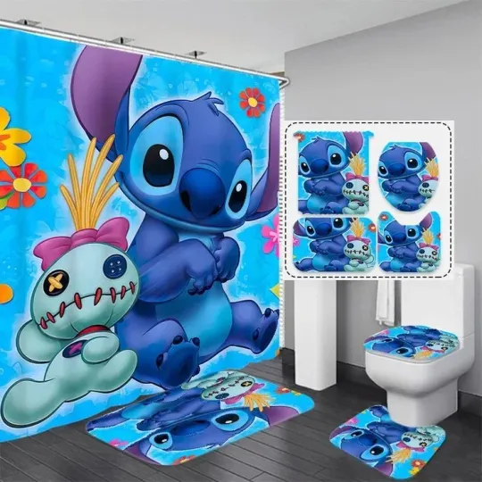 Discover Stitchh Disneyyy Cartoon Shower Curtain Set, Stitchh Cartoon Four piece bathroom