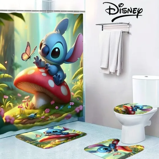 Discover Stitchh Cartoon Shower Curtain Set, Disneyyy Cartoon Toilet Seat Cover Set