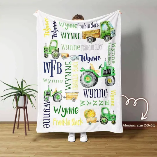 Discover Custom Baby Blanket, Green Tractors Blanket, Name Blankets, Family Blanket