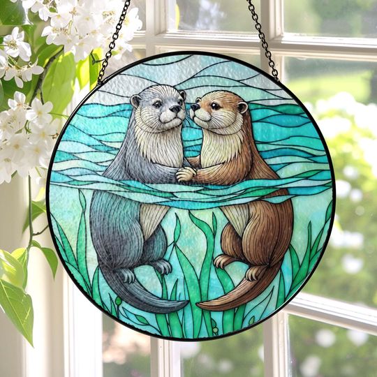 Discover Otter Couple GLASS Suncatcher, Otter Couple Suncatcher, Otter Lover Decor, Otter Gift