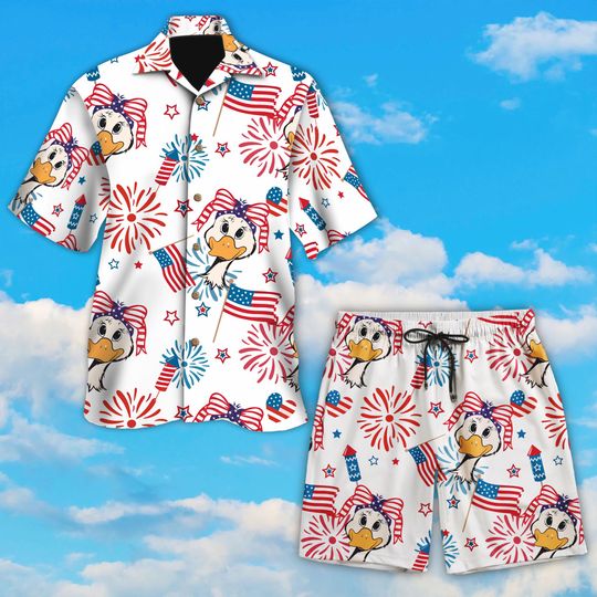 Discover 4th of July Duck Hawaiian Shirt and Shorts, Funny Patriotic USA Flag Hawaiians