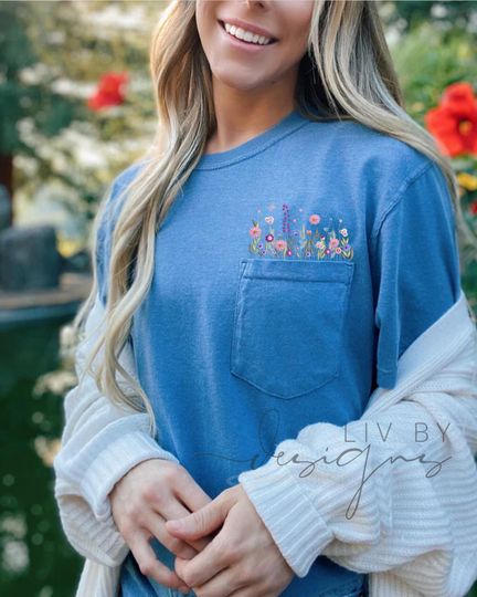 Discover Wildflower Embroidered Pocket Tee - Comfort Colors Short Sleeve Tee