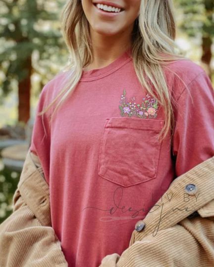Discover Butterfly and Wildflower Embroidered Pocket Tee - Comfort Colors Short Sleeve Tee