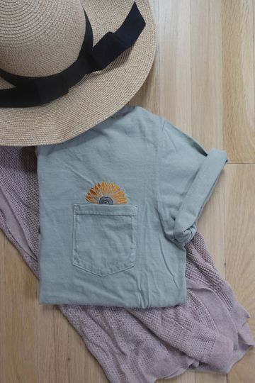 Discover Comfort Colors Pocket Tee | Embroidered Sunflower Pocket | Spring T-shirt | Minimalist T-shirt | Floral Pocket Tee