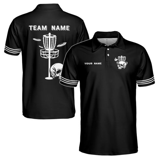 Discover Custom Name Team Skull Disc Golf Black Men's Polo Shirt S-5XL