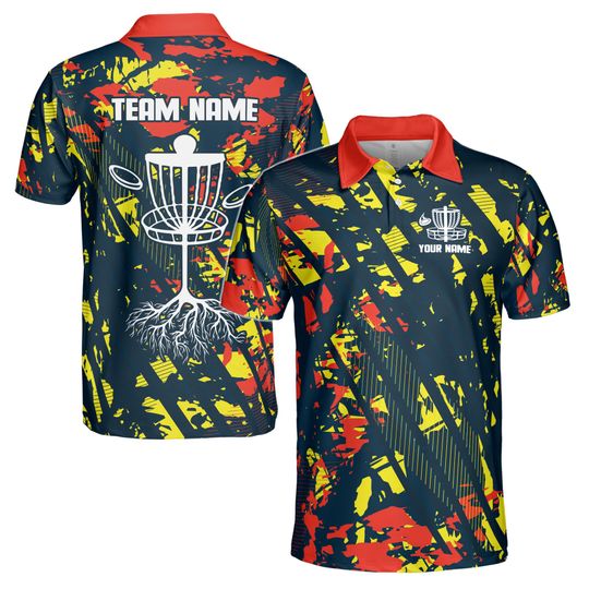 Discover Custom Name Team Disc Golf Splatter Orange Yellow Paint Men's Polo Shirt S-5XL