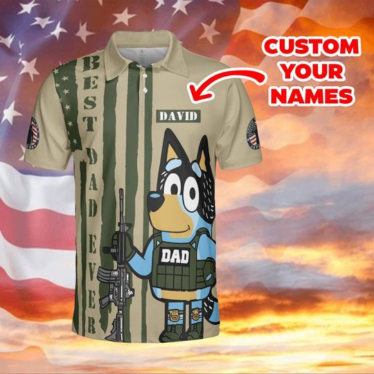 Discover Custom Name BlueyDad Dad Veteran Polo Shirt, Personalized Dad Shirt