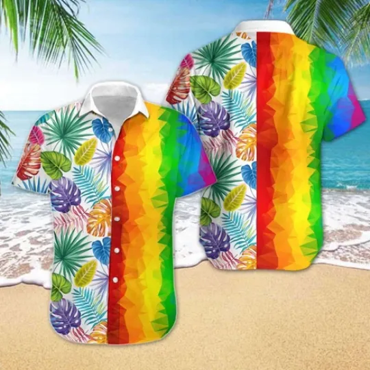 Discover Polygonal Rainbow Tropical Leaves LGBT Hawaiian Shirt