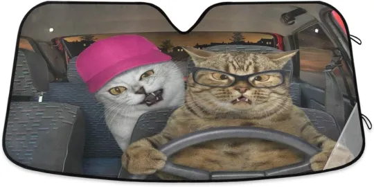 Discover Fun Two Cat Driving Car Windshield Sun Shade