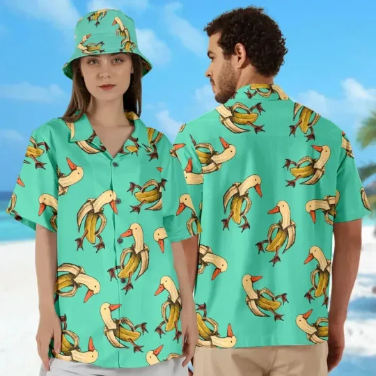 Discover Funny Banana Duck Hawaiian Shirt Casual Button Down Unisex Adults Size S-5XL