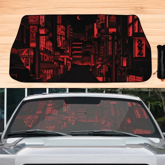 Discover Anime Car Sun Shade, Black Red windshield cover, carshade screen protector