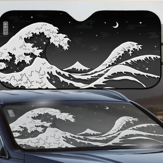 Discover Black Car Sunshade, Japanese Wave windshield cover
