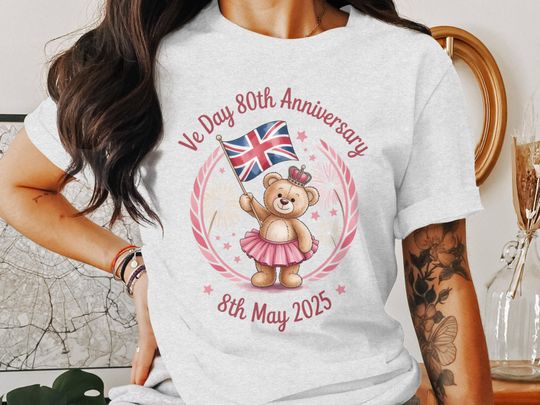 Discover VE Day 80th Anniversary T Shirt Union Jack,Bear with Crown,T-Shirts