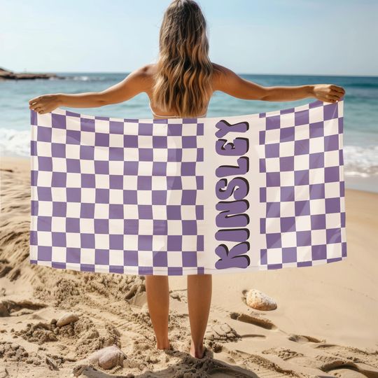 Discover Personalized Name Grid Beach Towel, Custom Monogram Pool Towel