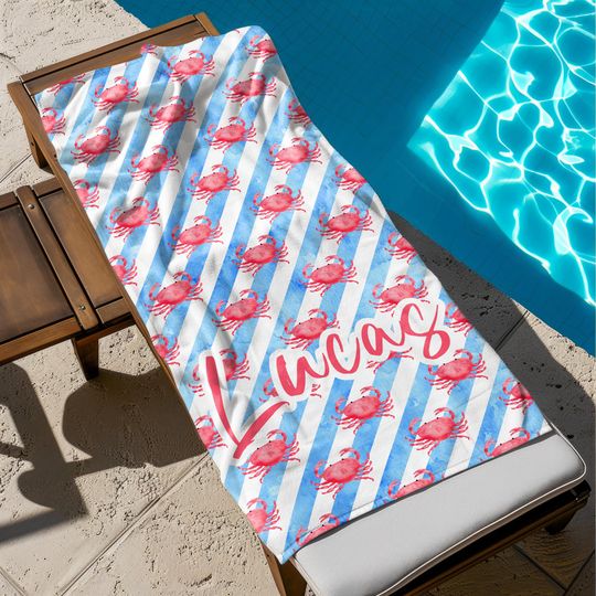 Discover Personalized Name crab lobster shell Beach Towel, Vacation Gift, Picnic Towel